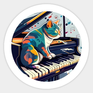 Musician Cat Lover Colorful - Cat Playing Piano Sticker